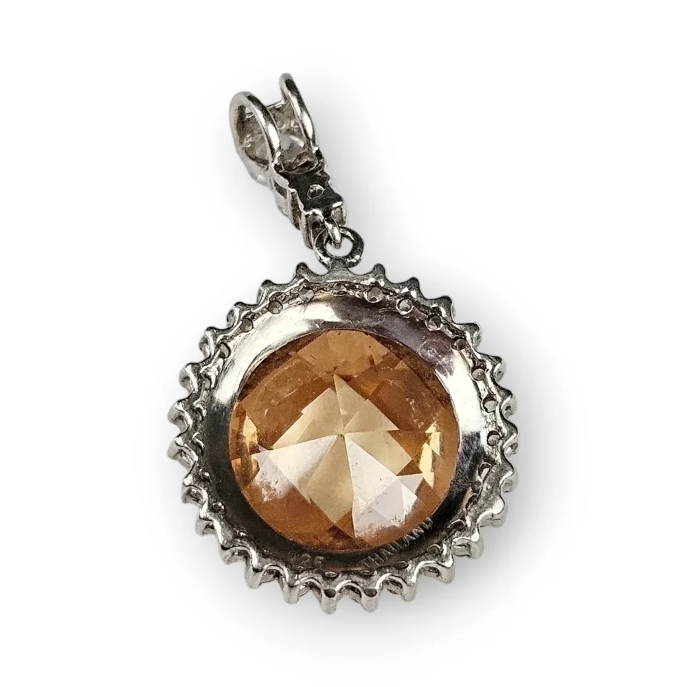Sterling CZ Halo Pendant Faceted Amber Glass Pave White 925 Silver Drop 1 1/8